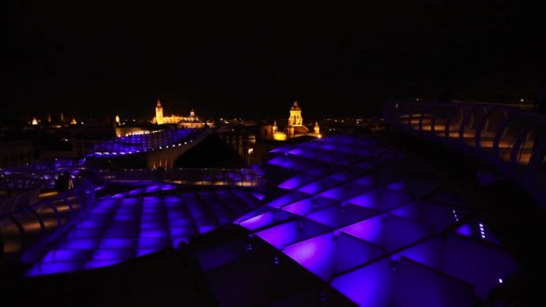 Een Nachtelijk Uitzicht Kathedraal Van Sevilla Daken Van Stad Vanaf — Stockvideo