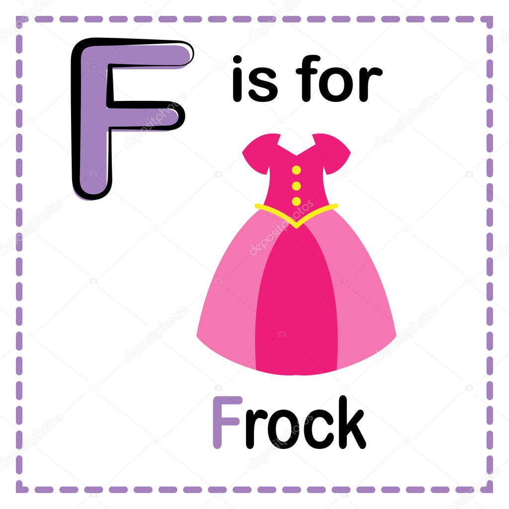 A ''F is for Frock '' alphabet flashcard illustration with a white background