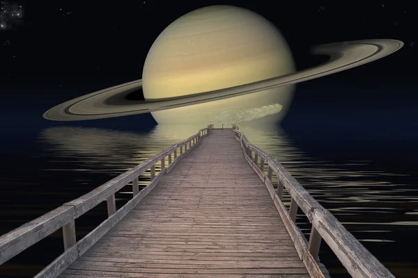 木製の歩道の3Dイラストは 惑星土星につながります — ストック写真