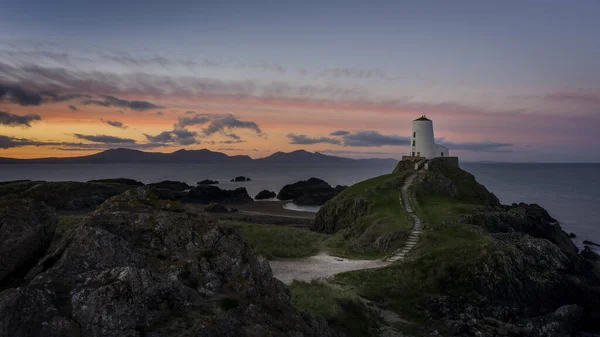 Aerial View Lighthouse Anglesey Wales Stunning Sunrise Looking Snowdonia — Stock Photo, Image