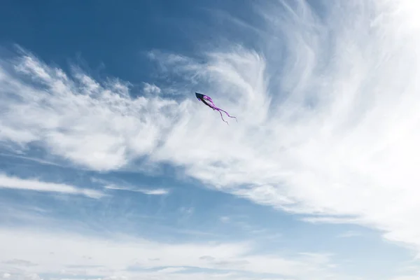 Ein Schöner Schuss Lila Drachen Fliegt Den Blauen Wolkenverhangenen Himmel — Stockfoto