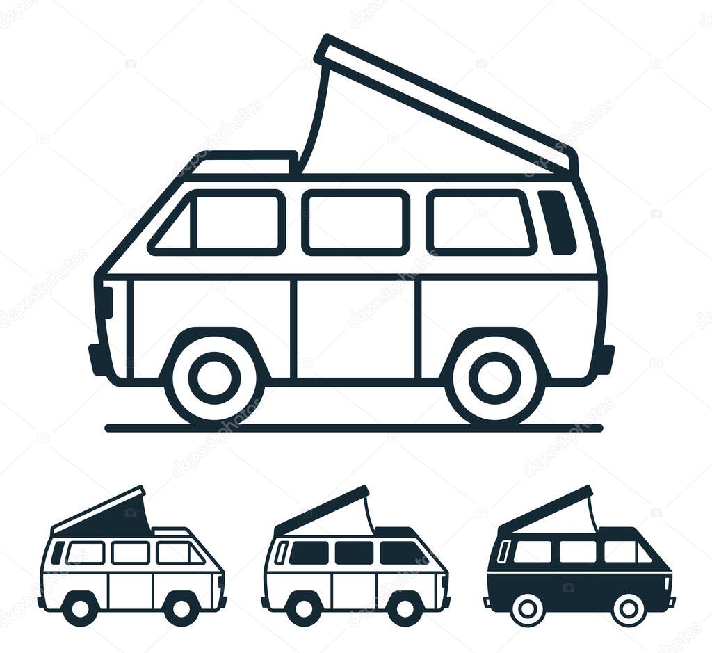 Vintage van for camping and travel with roof tent on white background in four versions - vector icon collection