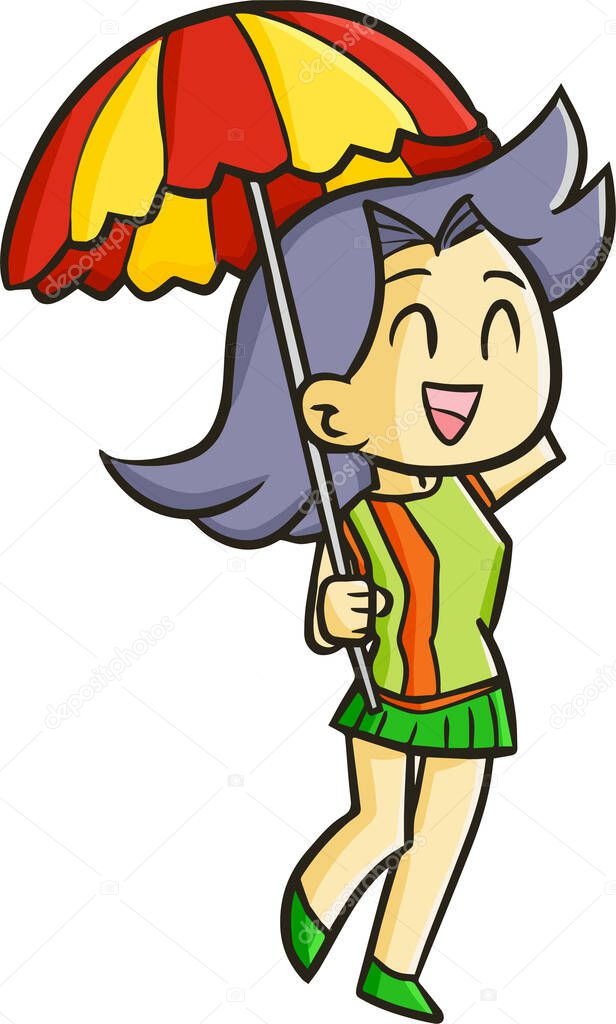 A vector illustration of a happy girl with an umbrella isolated on a white background