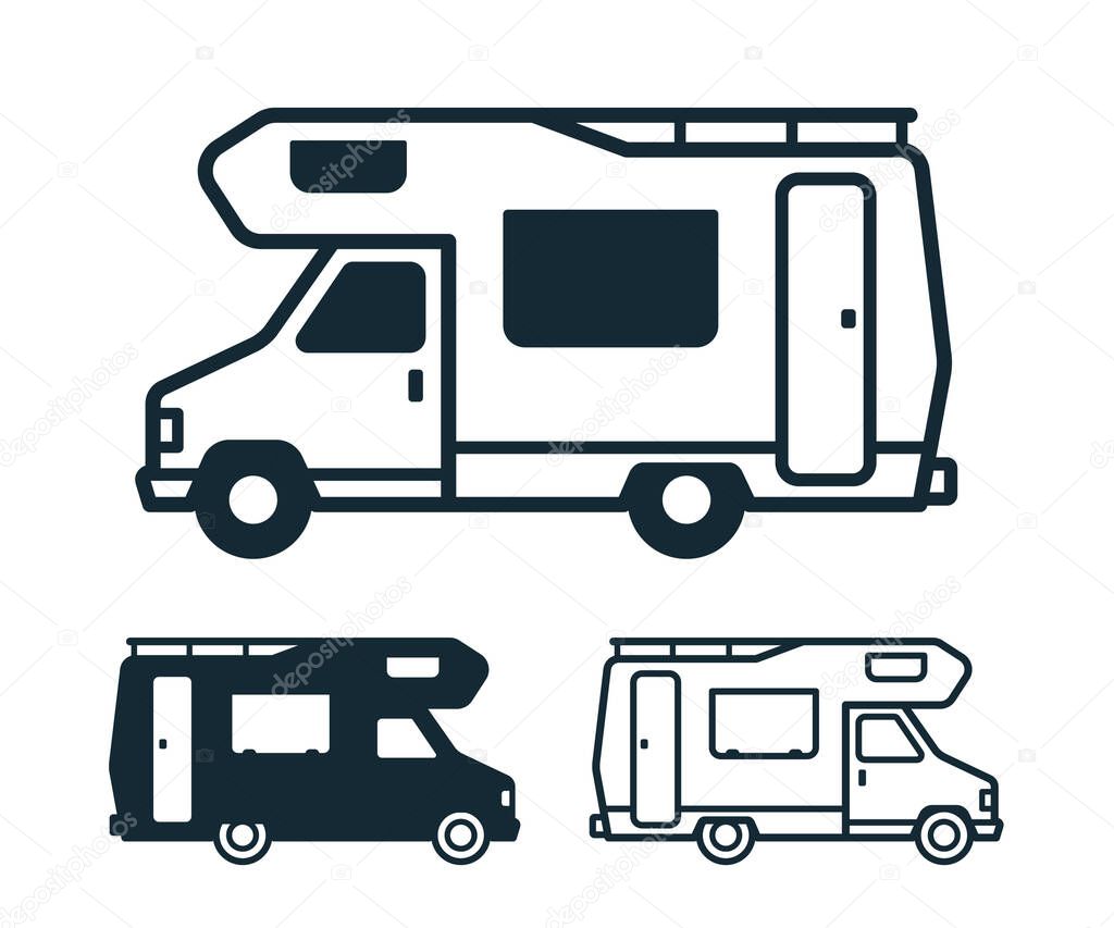 Icon set of three vintage camper vans or caravans isolated on white background - vector illustration