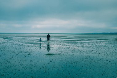 A man with his son walking along the sandy beach in Denmark, Romo clipart