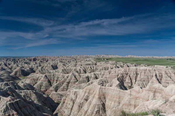 Colorful Hills Rock Formations Background Green Field Blue Sky Badlands — Stock Photo, Image