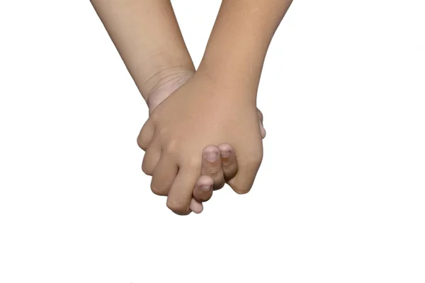 Närbild Barn Som Håller Händer Vit Bakgrund — Stockfoto