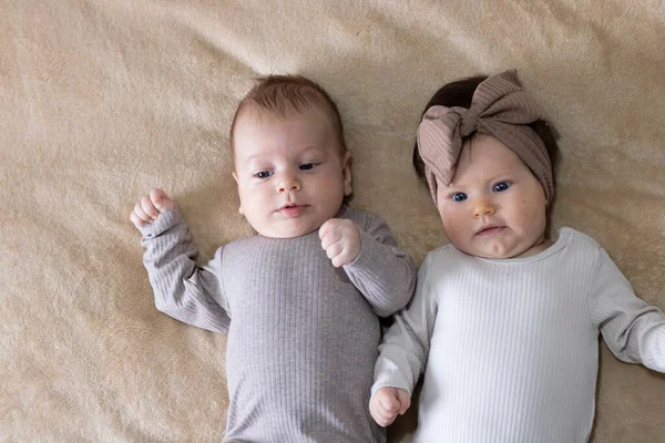 Close Dois Bebês Recém Nascidos Bonitos Deitados Cobertor Bege — Fotografia de Stock