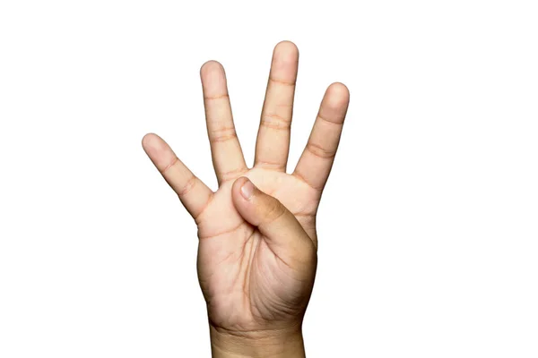 Closeup Boy Raising Four Fingers White Background — Stock Photo, Image
