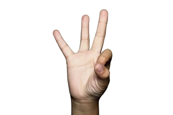 Close Menino Levantando Três Dedos Fundo Branco — Fotografia de Stock