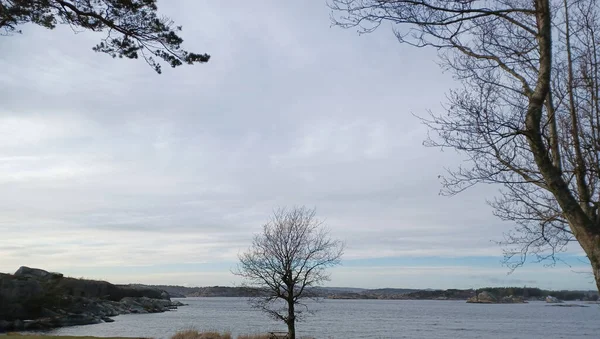 Vacker Utsikt Över Sjö Omgiven Klippor Och Träd Molnig Himmel — Stockfoto