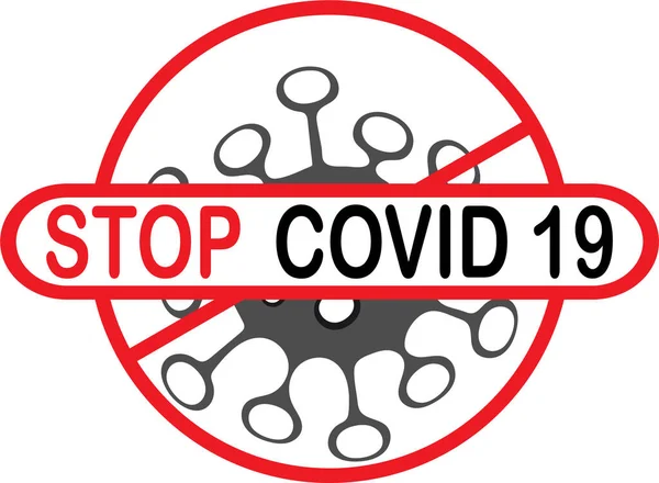 白い背景に隔離された黒と赤でStop Covid 19のテキストとコロナウイルスの注意サインのベクトルデザイン — ストックベクタ