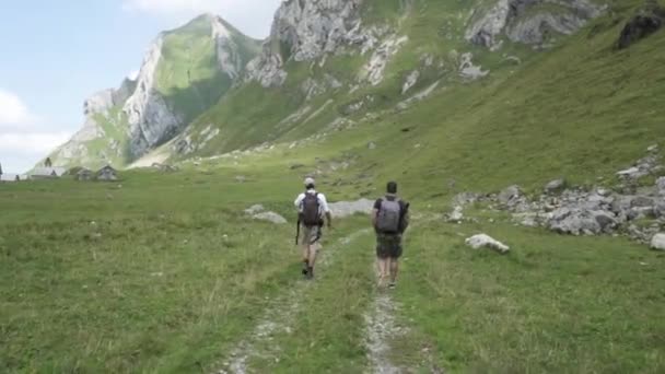 Video Dos Excursionistas Caminando Hacia Las Montañas Los Alpes Suizos — Vídeo de stock