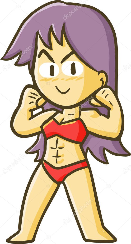 A vertical vector illustration of a female bodybuilder with red underwear and purple hair