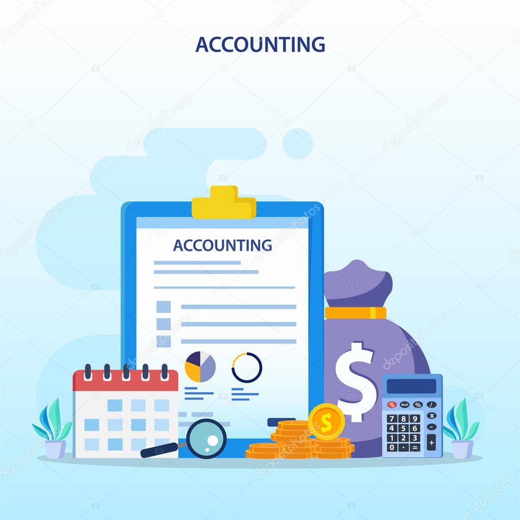 Accountant Flat vector illustration. Concept of the tax calculating and financial analysis.