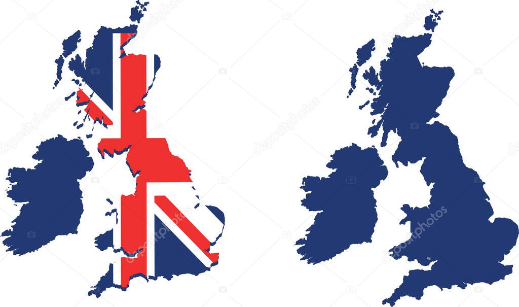 A vector set of the map of the United Kingdom covered with its flag on a white background