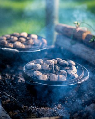 Hollanda fırınlarında ızgara yapan patateslerin dikey yakın çekimi.
