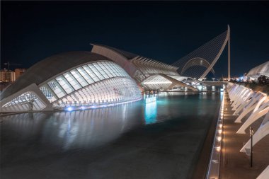 Valencia, İspanya 'daki Aydınlatılmış Sanat ve Bilim Şehri üzerinde bir gece gökyüzü