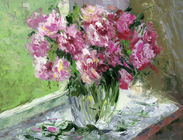 Oil Painting Depicting Still Life Pink Roses Vase Windowsill — Stock Photo, Image