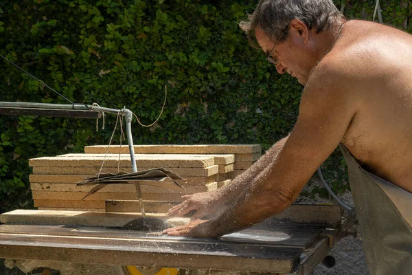 Hispanic Male Working Hard Processing Wood — Stock Photo, Image
