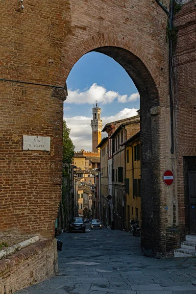 Vertical Shot Small Street Mangia Tower Background Siena Tuscany Italy — Stock Photo, Image