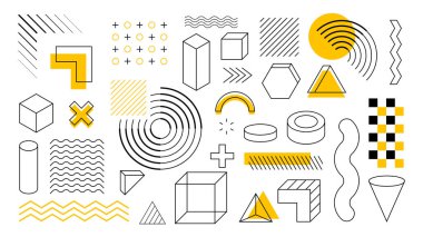 100 geometrik şekil seti. Memphis tasarımı, web, vintage, reklam, ticari afiş, poster, broşür, reklam panosu, satış için retro unsurlar.