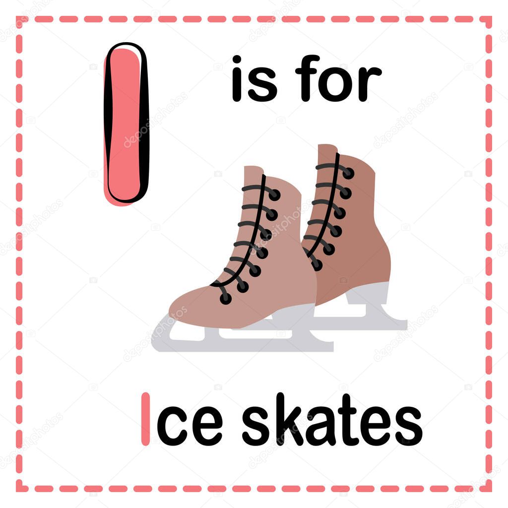 An ''I is for Ice skates '' alphabet flashcard illustration with a white background
