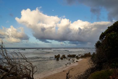 Bulutlu bir gökyüzüne doğru sürüklenen bir kumsalın kayalık kıyısı.
