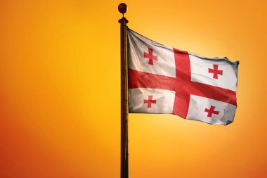 Gürcistan bayrağının, parlak sarı gökyüzüne doğru dalgalanan dijital bir çizimi.