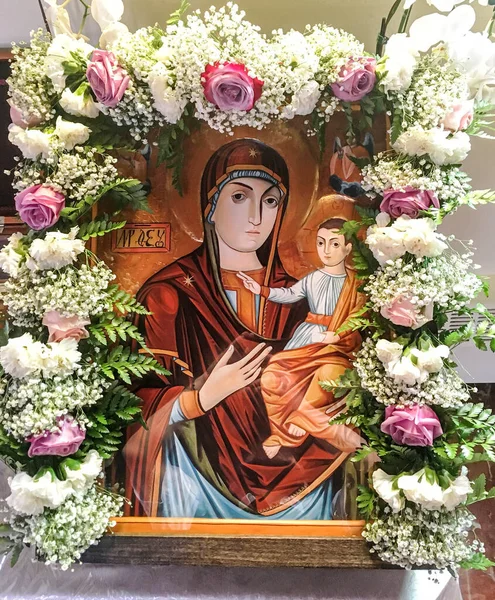 Madre Dios Icono Nicula Rumania Con Flores — Foto de Stock