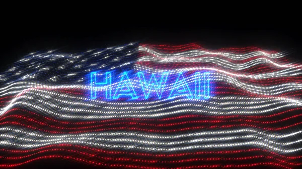 A waving flag of the USA with neon letters saying Hawaii over a black background