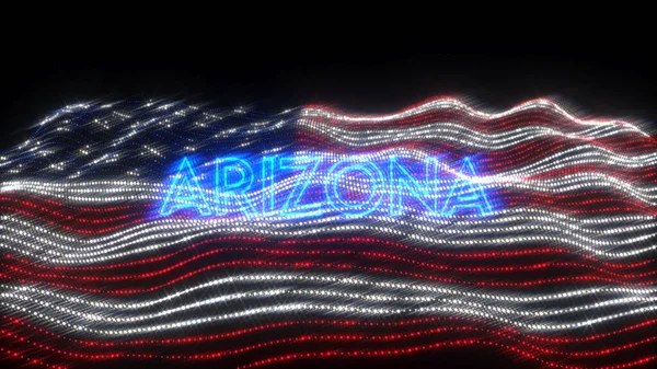 A waving flag of the USA with blue neon letters saying Arizona over a black background