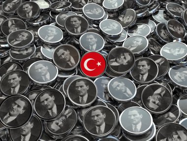 Türkiye bayrağına yakın çekim ve Mustafa Kemal Atatürk 'ün gri pullu simgeleri