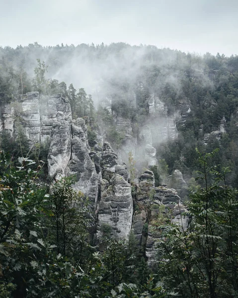 Photo Parc National Suisse Saxonne Par Une Journée Brumeuse Avec — Photo