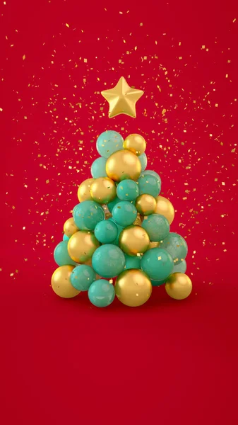 Vánoční Stromek Kuliček Hvězda Vrcholu Zlatými Třpytkami Izolované Červeném Pozadí — Stock fotografie