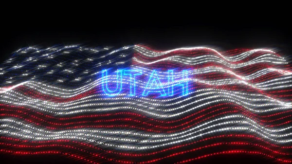 A 3d rendering of US state Utah in neon letters with a dark background over the US waving flag