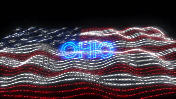ネオン文字のOhio状態のイラストデザインで 米国の波の旗の上に暗い背景があります — ストック写真