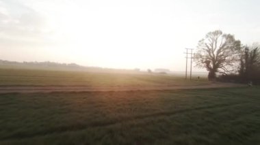 Güneşin doğuşunda rastgele patikaları olan çimenli bir arazide havadan çekilmiş bir fotoğraf.