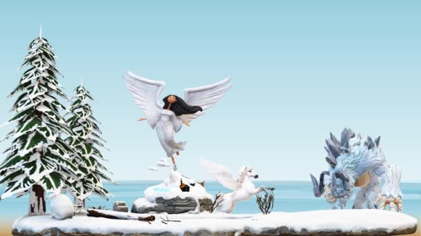Bilder Animerad Ängel Och Vit Enhörningshäst Snön Inställning Till Jul — Stockvideo