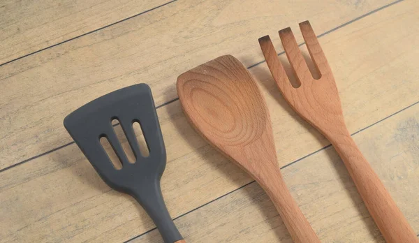 Some Kitchen Utensils Wooden Table Surface — Stock Photo, Image