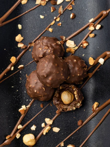 Vertical Top View Chocolate Balls Stuffed Hazelnut Covered Smashed Hazelnut — Stock Photo, Image