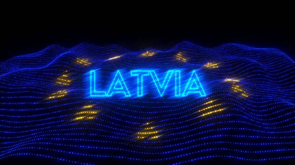 An illustration design of LATVIA country in blue neon letters with dark background over an EU flag