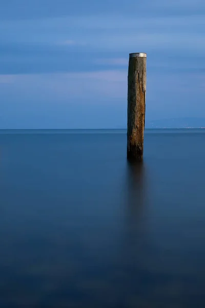 A vertical shot of a wooden stick stuck in the lake.