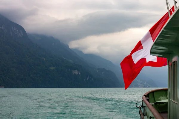 Swiss Flag Boat Lake Brienz Alps Interlaken Switzerland Europe — Stock Photo, Image