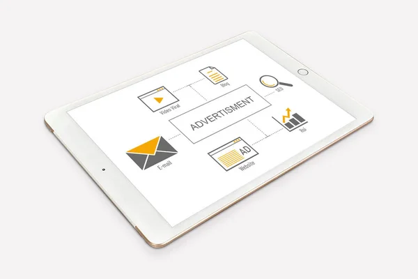 Tablet Con Una Presentazione Sulla Pubblicità Sul Suo Schermo Isolato — Foto Stock