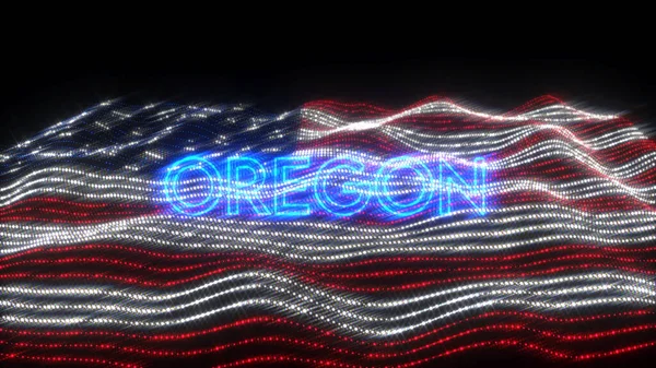ネオンの文字でオレゴン州のイラストデザインは 米国の波の旗の上に暗い背景を持つ — ストック写真