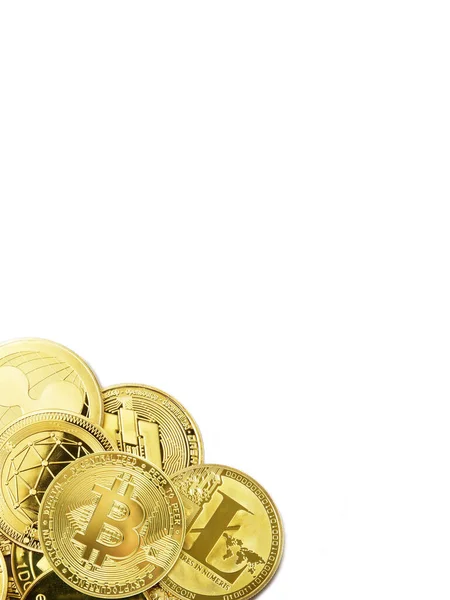 Tiro Vertical Bitcoins Fundo Branco Com Espaço Cópia — Fotografia de Stock