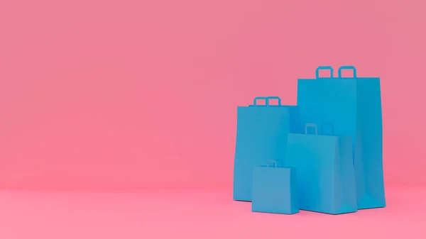 Uma Renderização Sacos Compras Azuis Isolados Fundo Rosa Com Espaço — Fotografia de Stock