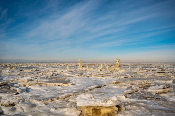 Beautiful View Frozen Wadden Sea Covered Snow Ice Floes Sunny — Stock Photo, Image