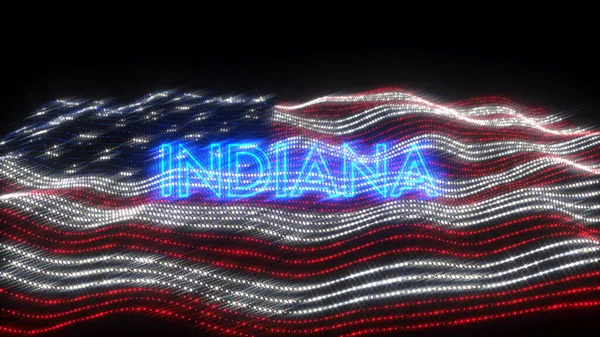 A waving flag of the USA with blue neon letters saying Indiana over a black background